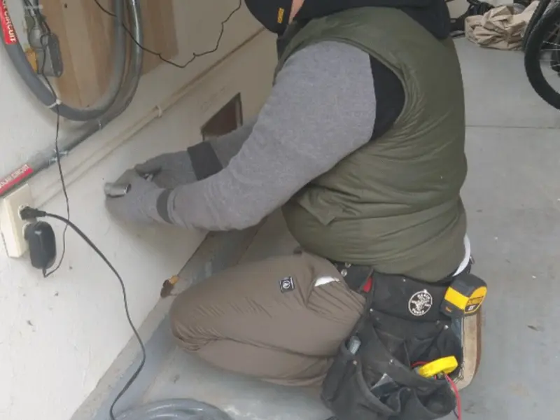 Electrician performing outlet wiring in a Whitehall garage